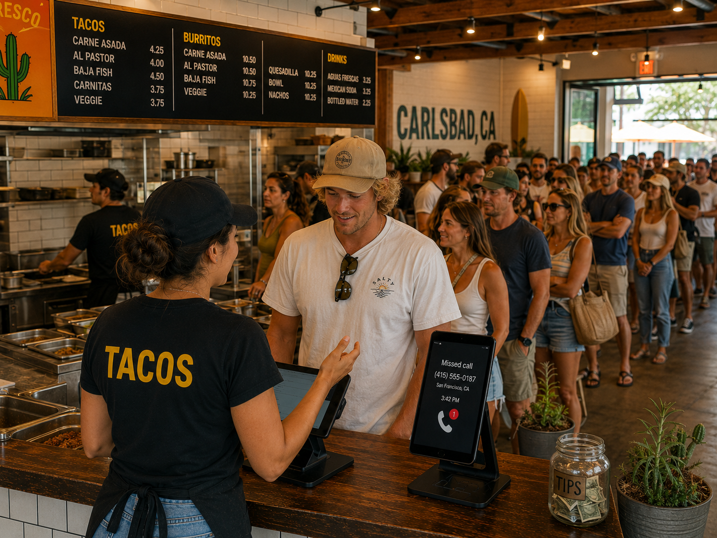 A long Friday line of customers waiting at the counter of a Carlsbad shop.
