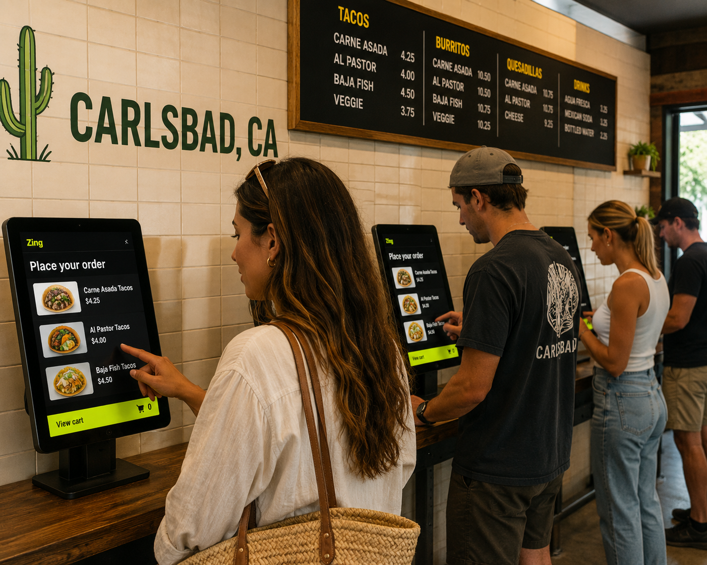 Customers seated at a table placing their order on their phones with a QR code.