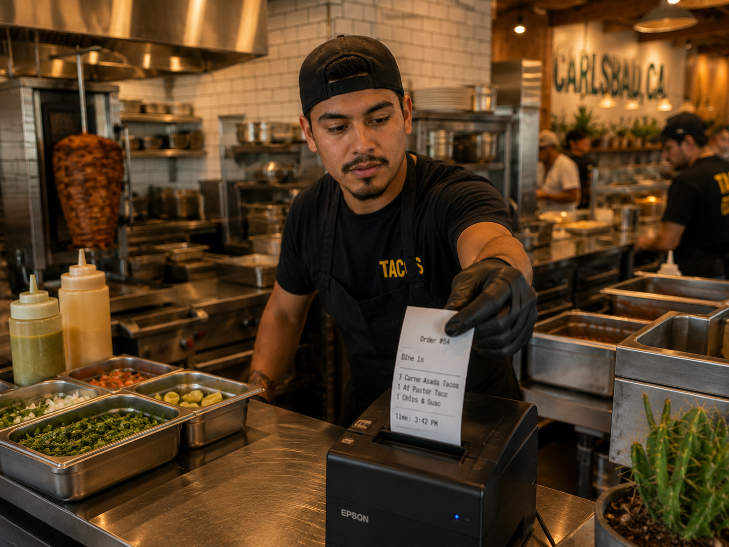 A taco cook pulling a freshly printed order ticket at the kitchen pass.